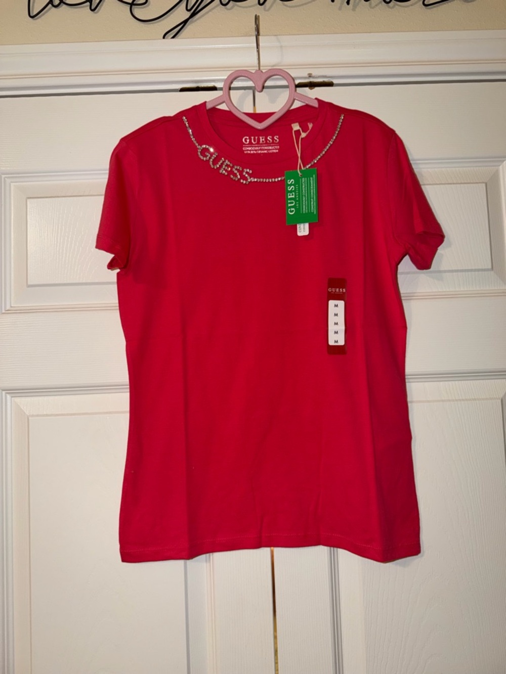 GUESS Red Short Sleeve Tee with Crystal Logo Accent